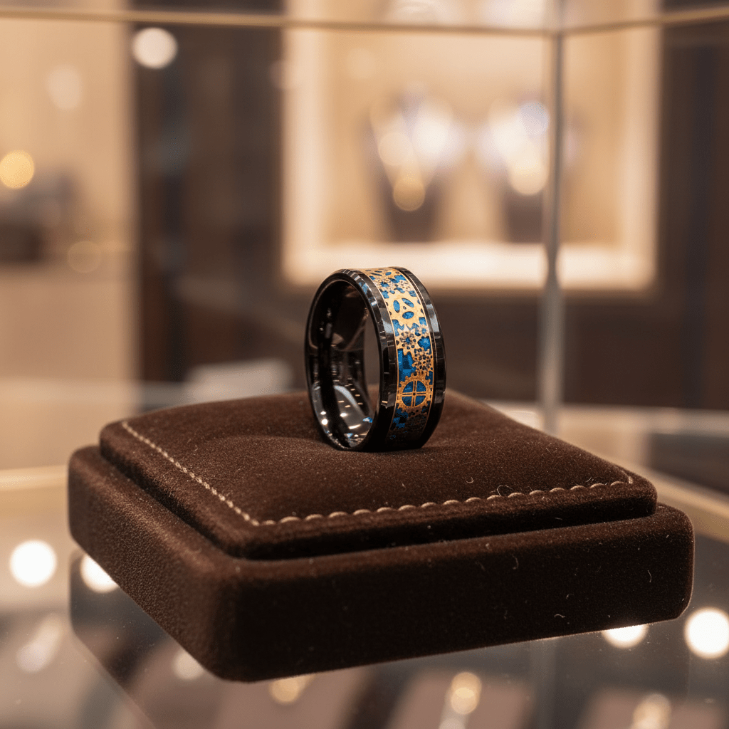 CARBULEUM — Premium boutique display on velvet — men's tungsten wedding ring.