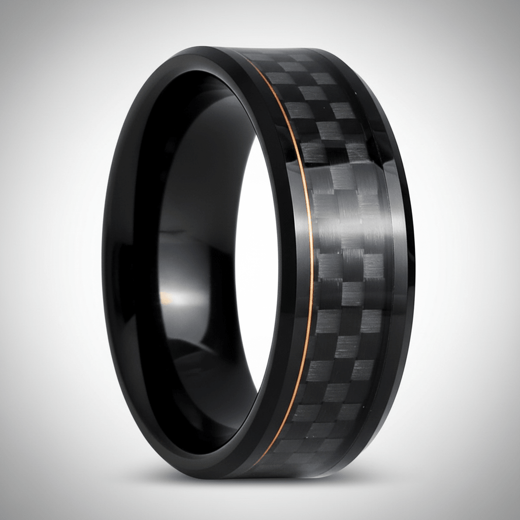CARBULEUM — Center-through axial view — men's tungsten wedding ring.