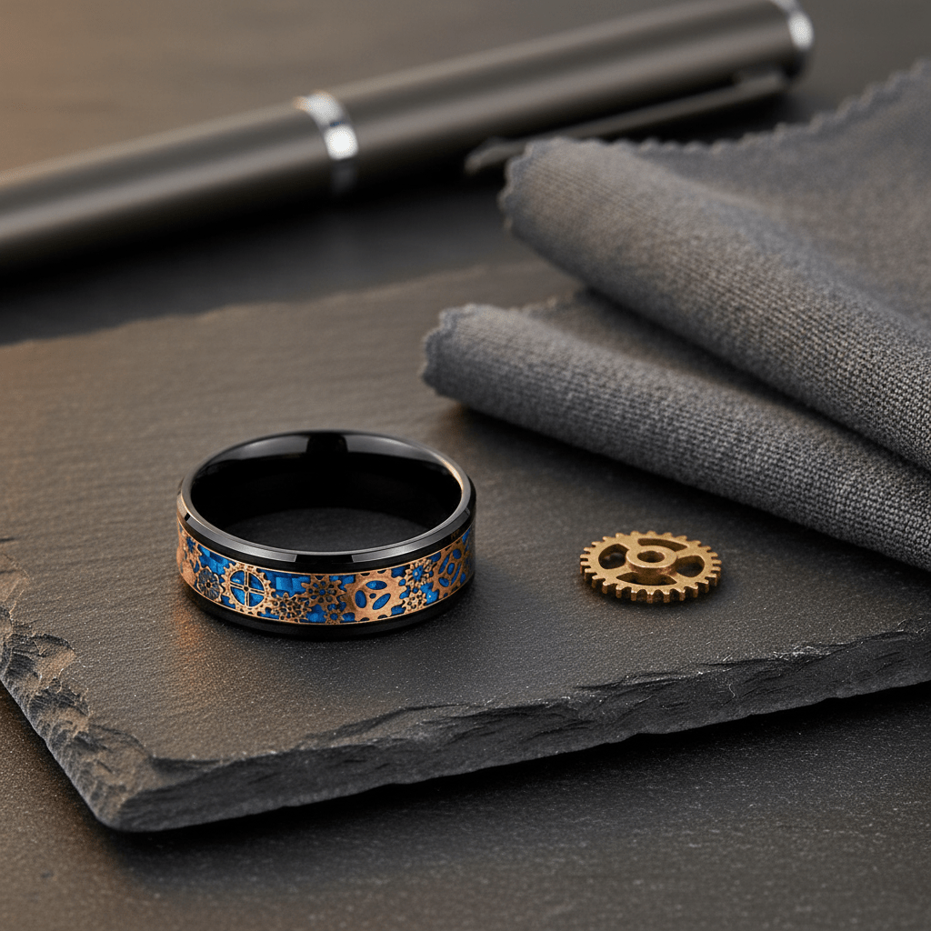 CARBULEUM — Editorial masculine still life — men's tungsten wedding ring.