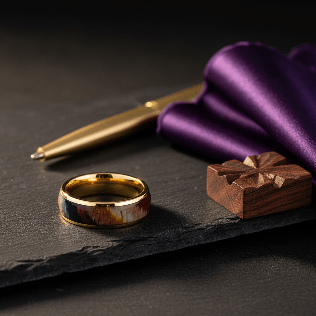 CARVEDEN — Editorial masculine still life — men's tungsten wedding ring.