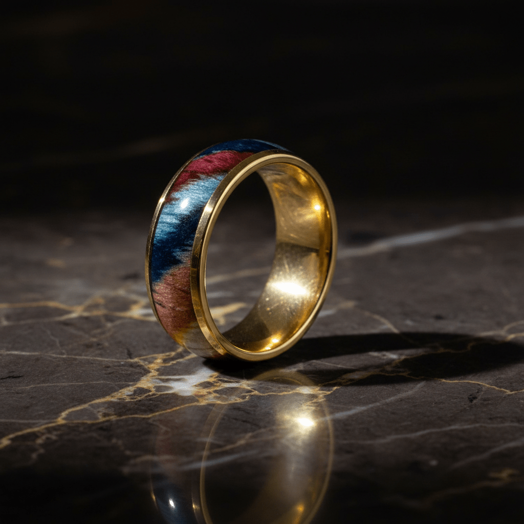 CARVEDEN — Luxury 3/4 angle on dark marble — men's tungsten wedding ring.