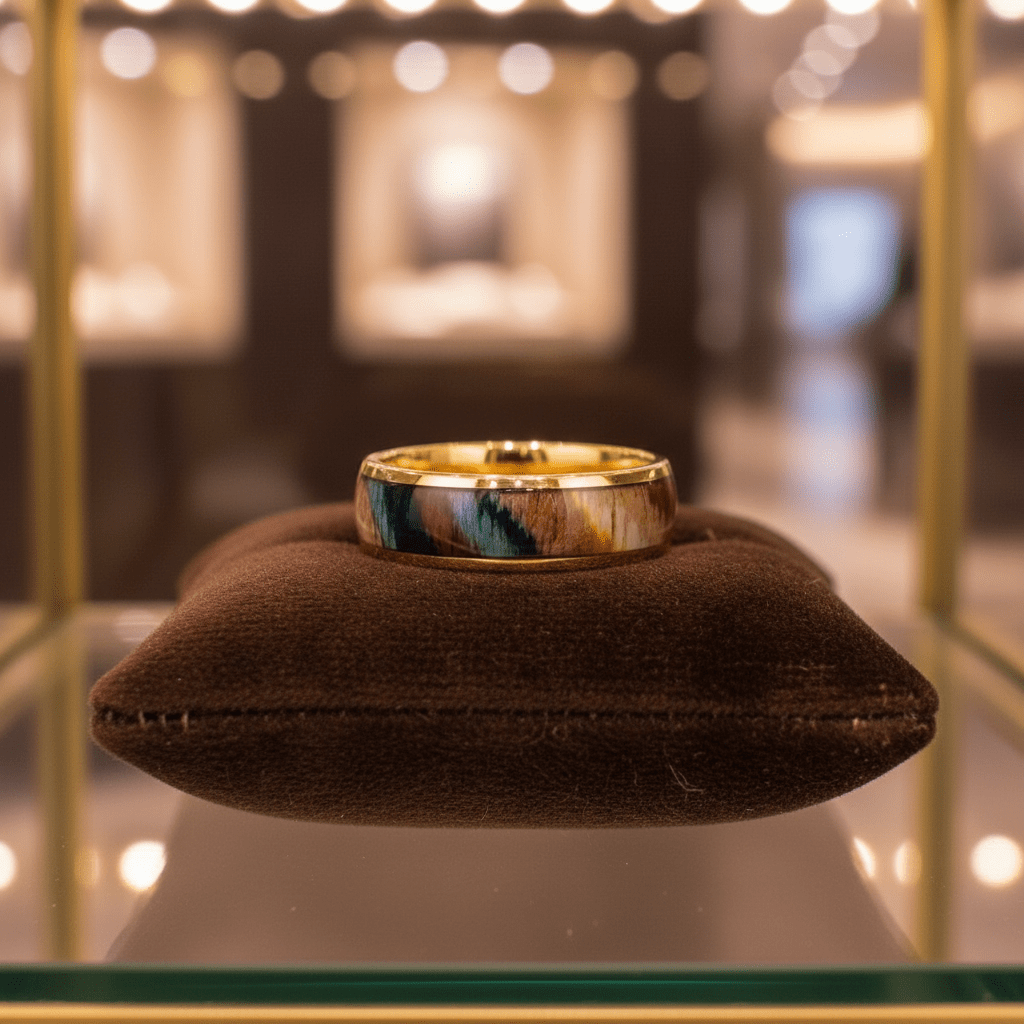 CARVEDEN — Premium boutique display on velvet — men's tungsten wedding ring.