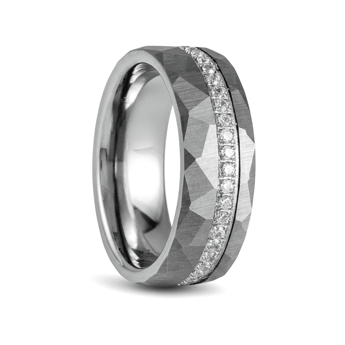 CASCADE silver tungsten wedding ring with hammered finish and white CZ accent - front view