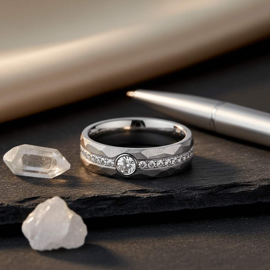 CASCADE — Editorial masculine still life — men's tungsten wedding ring.