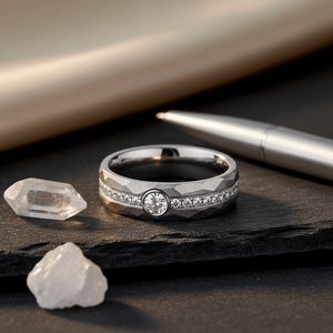 CASCADE — Editorial masculine still life — men's tungsten wedding ring.