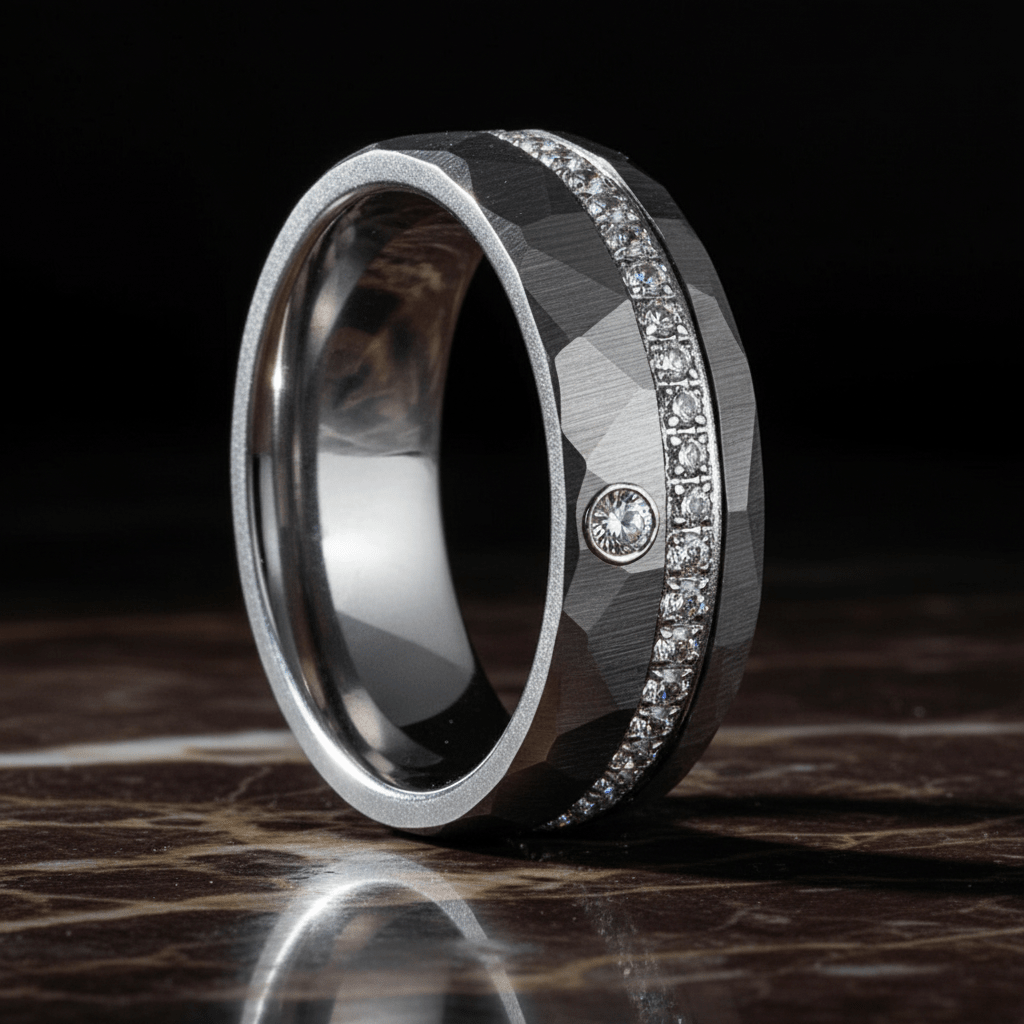 CASCADE — Luxury 3/4 angle on dark marble — men's tungsten wedding ring.
