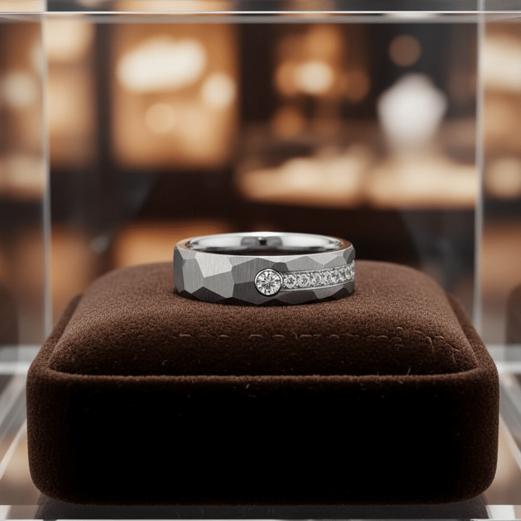 CASCADE — Premium boutique display on velvet — men's tungsten wedding ring.