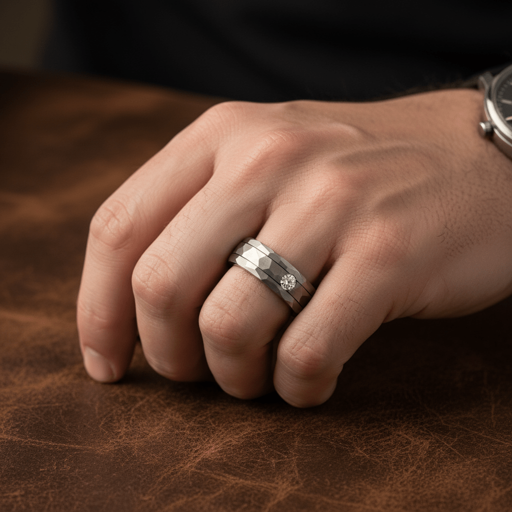 CASCADE — Lifestyle photo on hand — men's tungsten wedding ring.