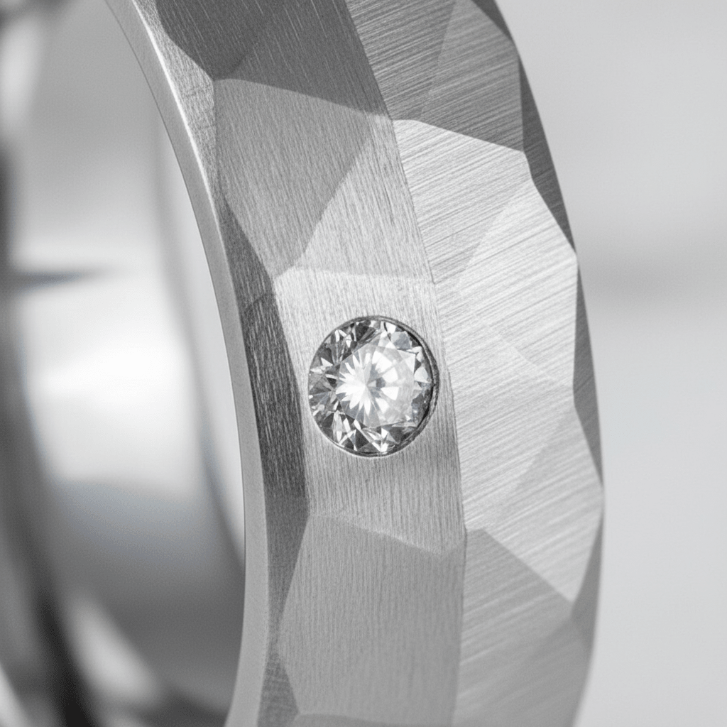 CASCADE — Extreme macro detail — men's tungsten wedding ring.