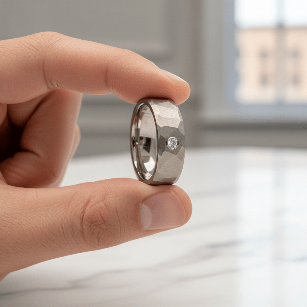 CASCADE — Held between fingers close-up — men's tungsten wedding ring.