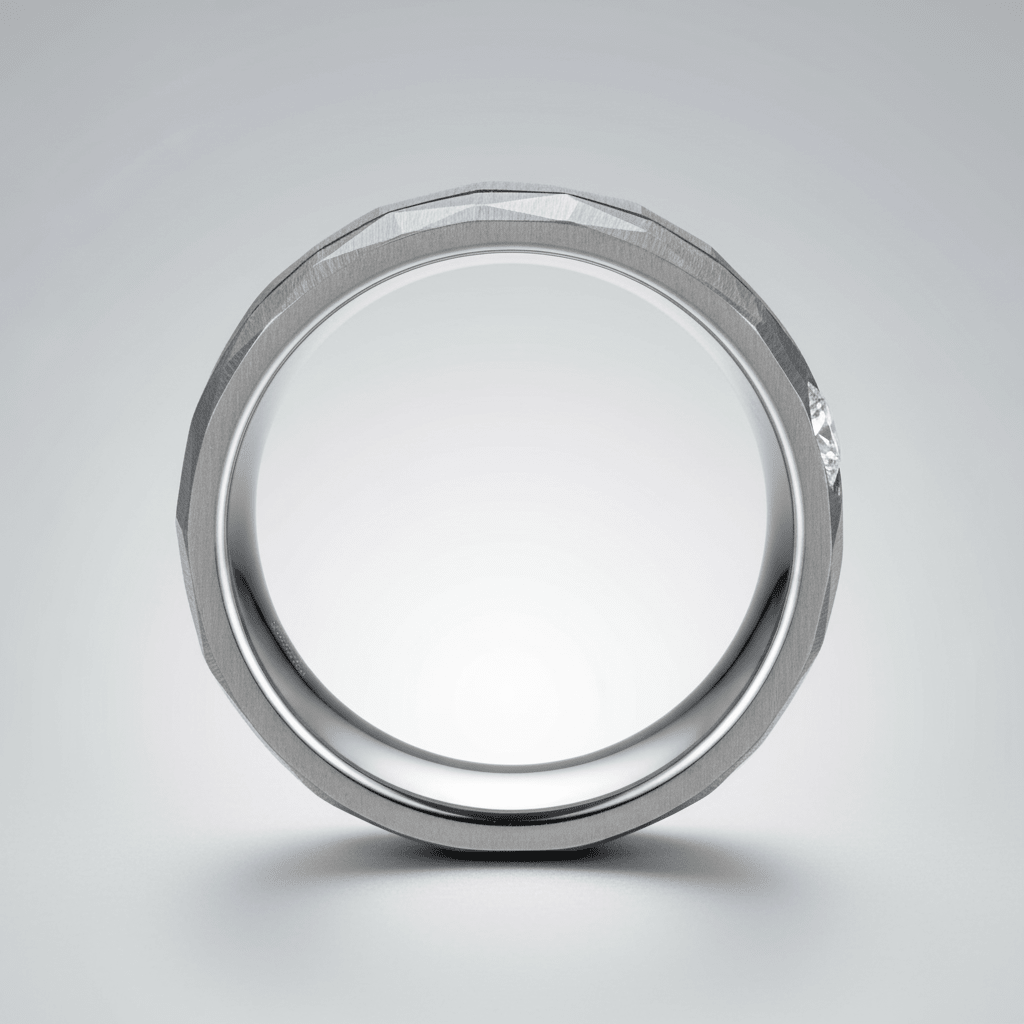 CASCADE — Center-through axial view — men's tungsten wedding ring.