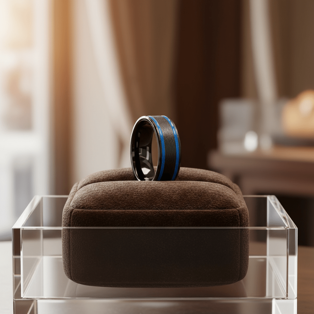 CASTOR — Premium boutique display on velvet — men's tungsten wedding ring.