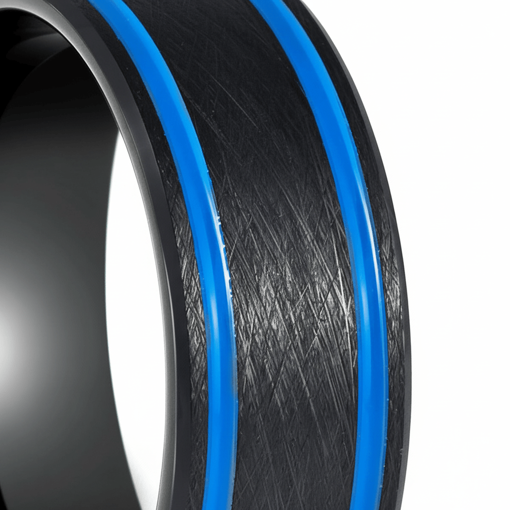 CASTOR — Extreme macro detail — men's tungsten wedding ring.