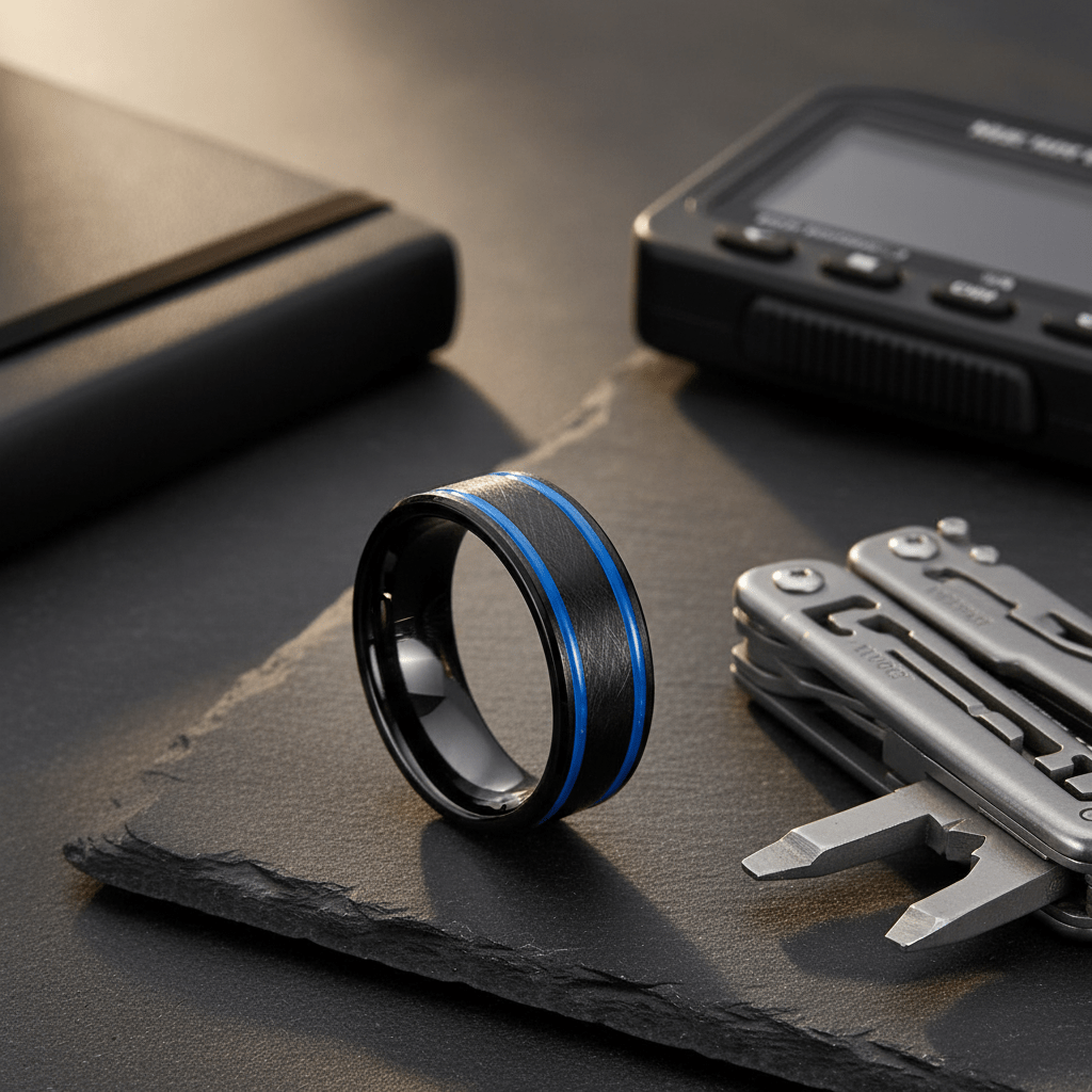 CASTOR — Editorial masculine still life — men's tungsten wedding ring.
