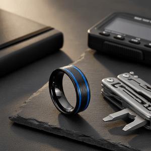 CASTOR — Editorial masculine still life — men's tungsten wedding ring.