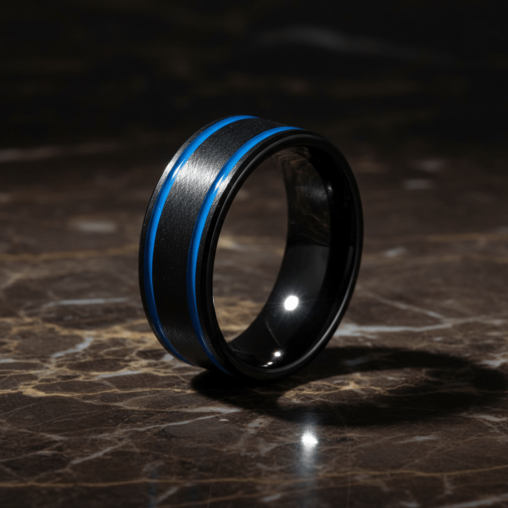CASTOR — Luxury 3/4 angle on dark marble — men's tungsten wedding ring.