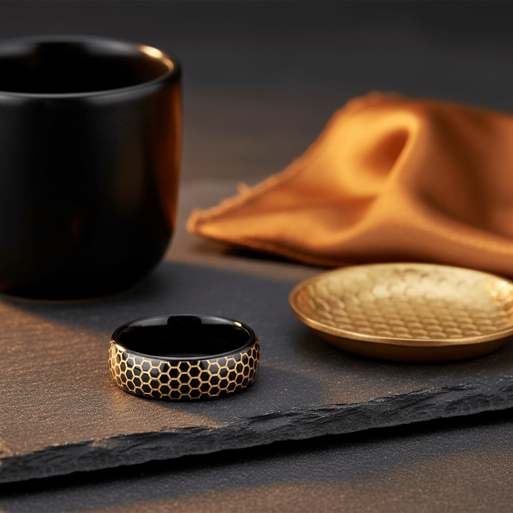 CASTORLAND — Editorial masculine still life — men's tungsten wedding ring.