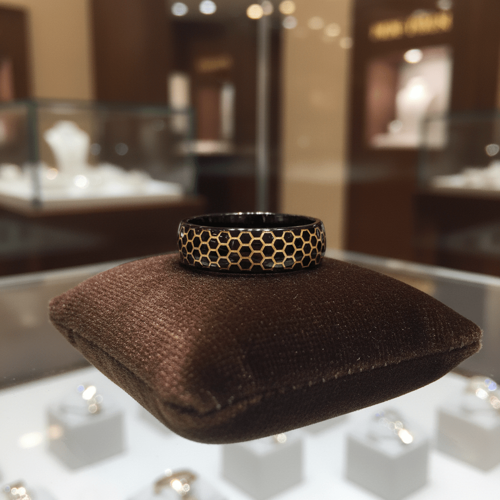CASTORLAND — Premium boutique display on velvet — men's tungsten wedding ring.