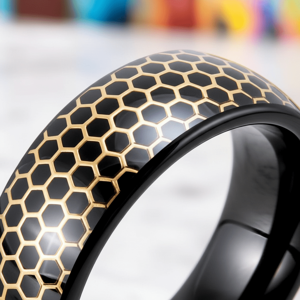 CASTORLAND — Extreme macro detail — men's tungsten wedding ring.