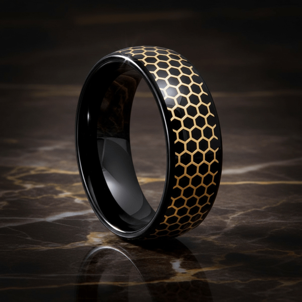 CASTORLAND — Luxury 3/4 angle on dark marble — men's tungsten wedding ring.