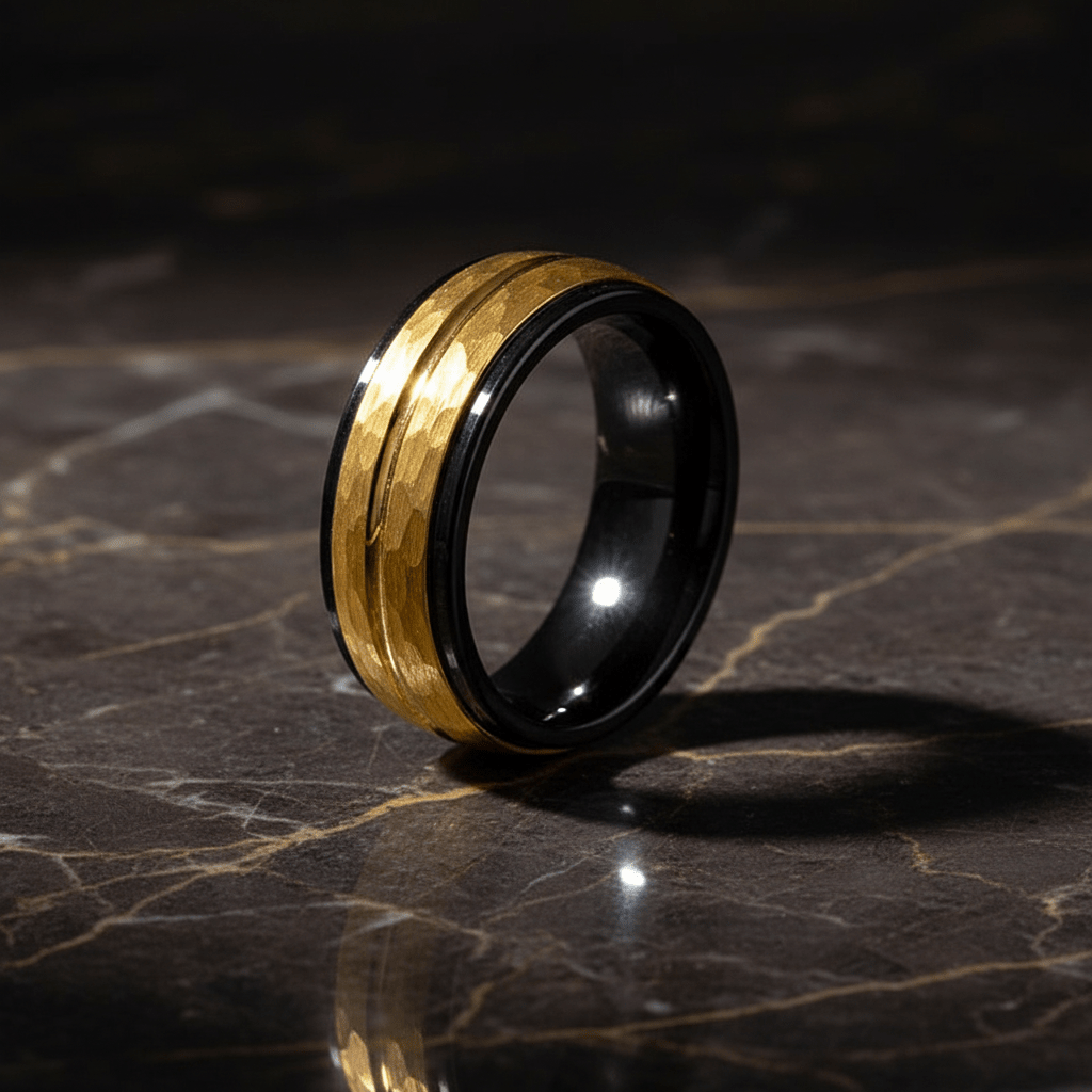 CENTAUR — Luxury 3/4 angle on dark marble — men's tungsten wedding ring.