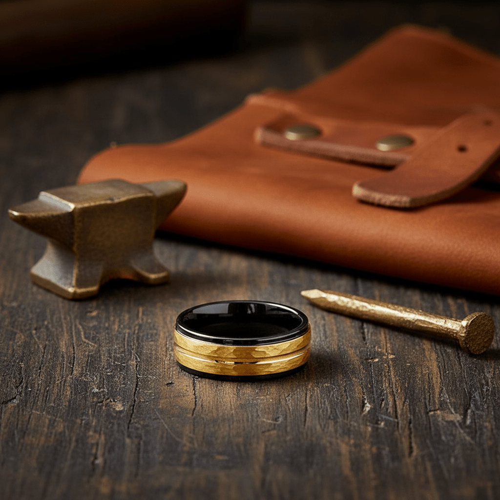 CENTAUR — Editorial masculine still life — men's tungsten wedding ring.