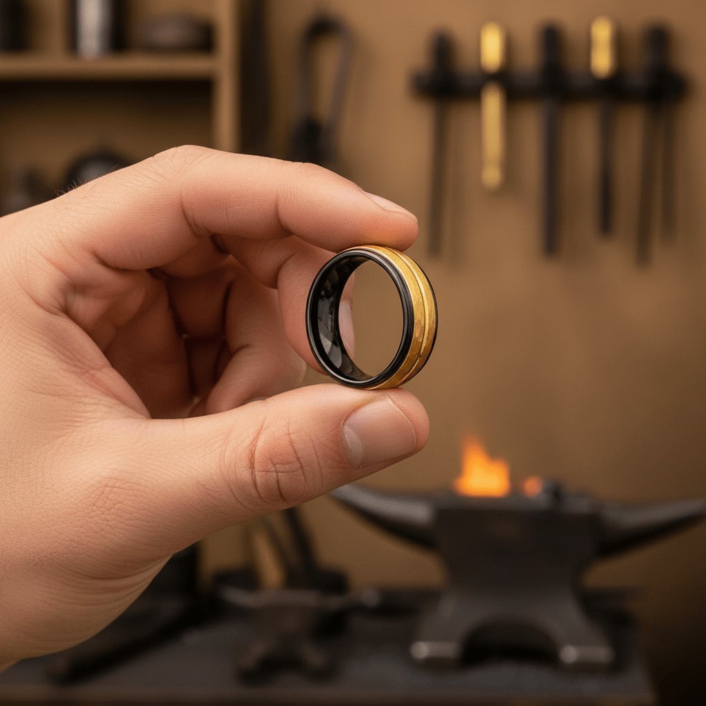 CENTAUR — Held between fingers close-up — men's tungsten wedding ring.