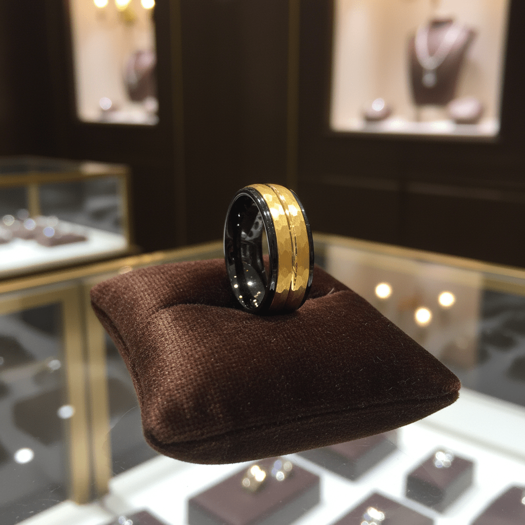 CENTAUR — Premium boutique display on velvet — men's tungsten wedding ring.