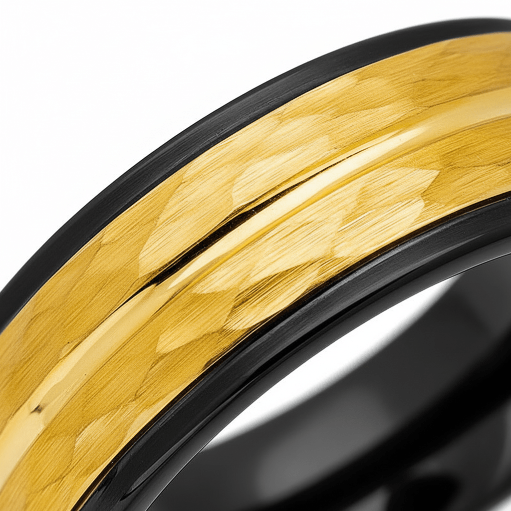 CENTAUR — Extreme macro detail — men's tungsten wedding ring.