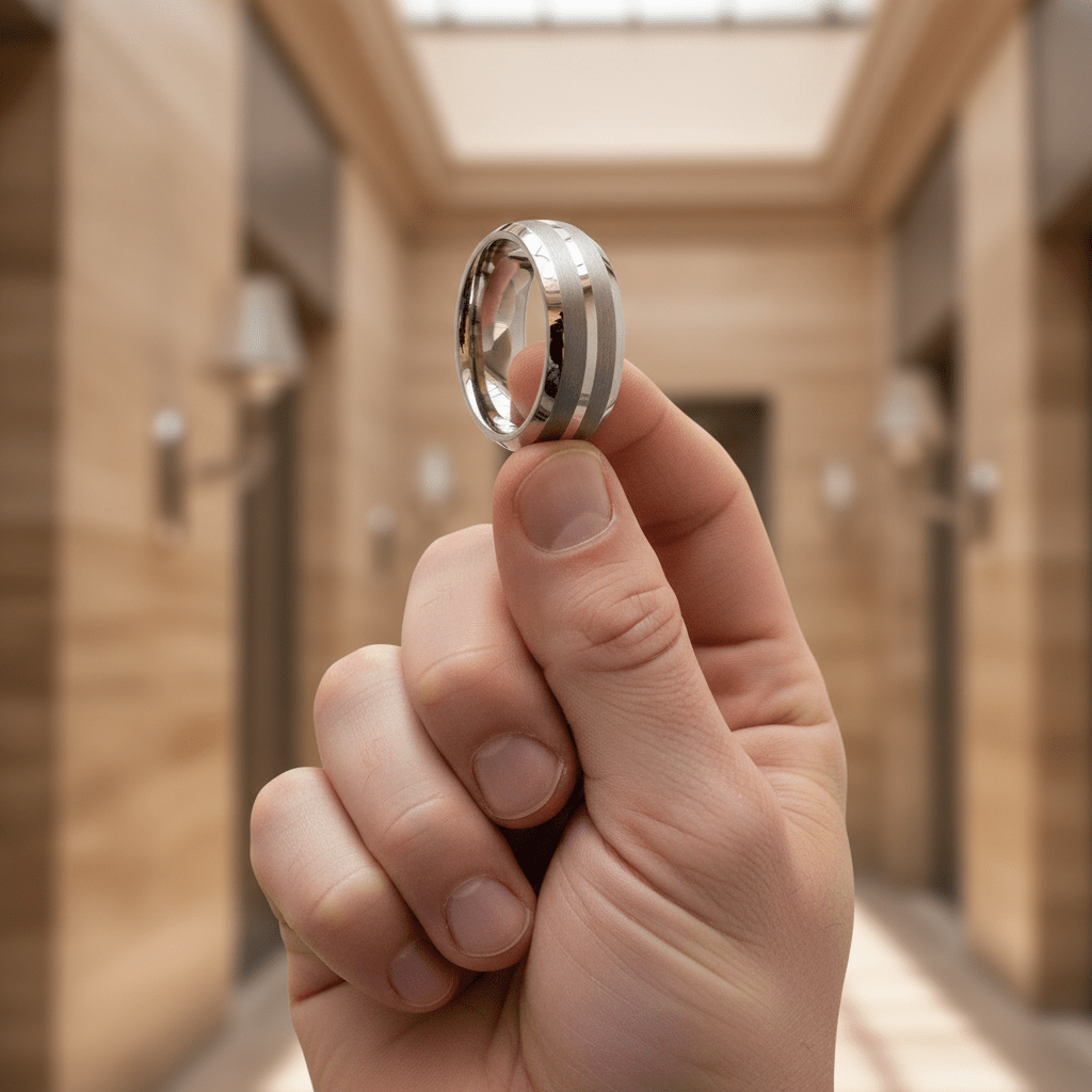 CENTURION — Held between fingers close-up — men's tungsten wedding ring.
