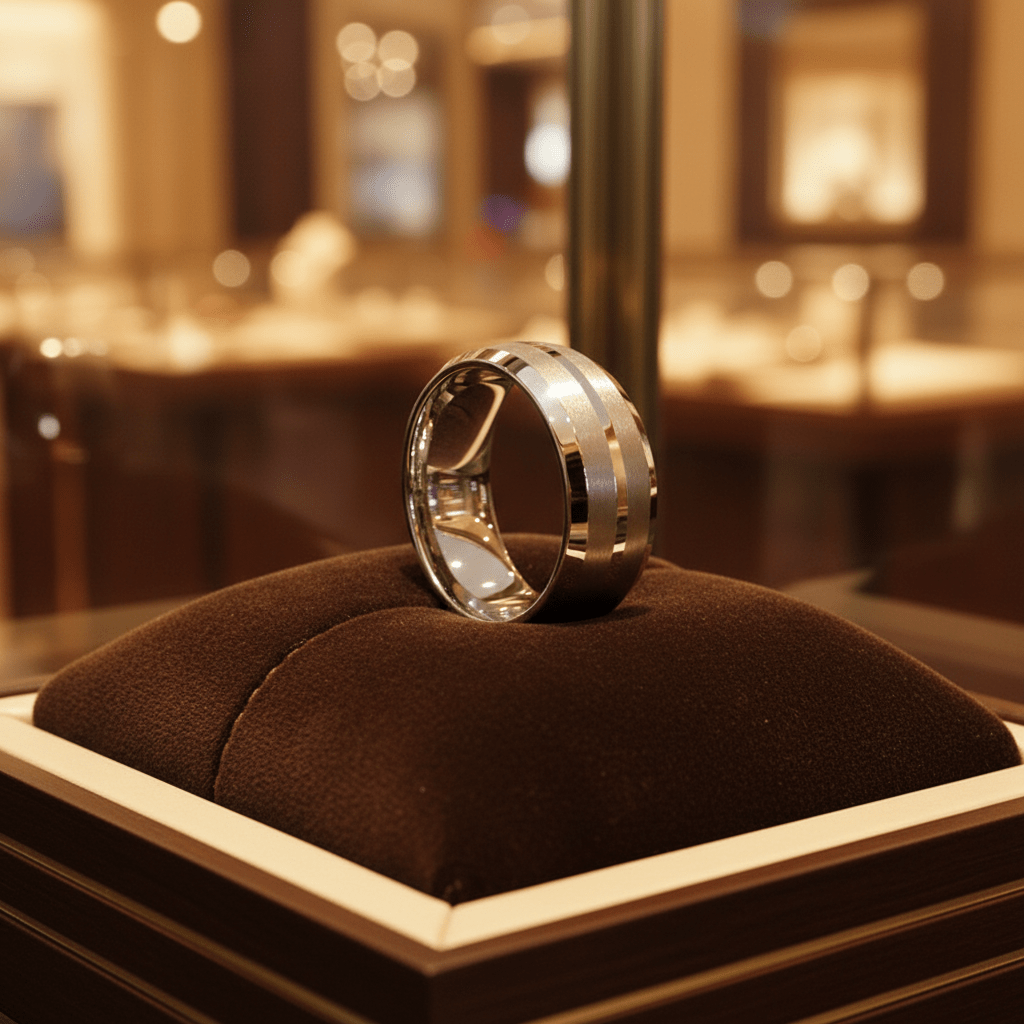 CENTURION — Premium boutique display on velvet — men's tungsten wedding ring.