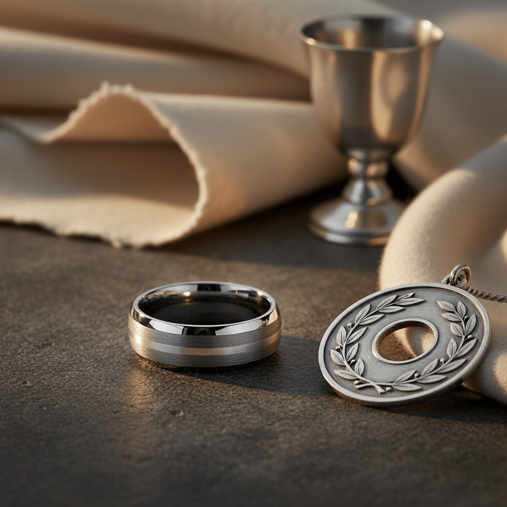 CENTURION — Editorial masculine still life — men's tungsten wedding ring.