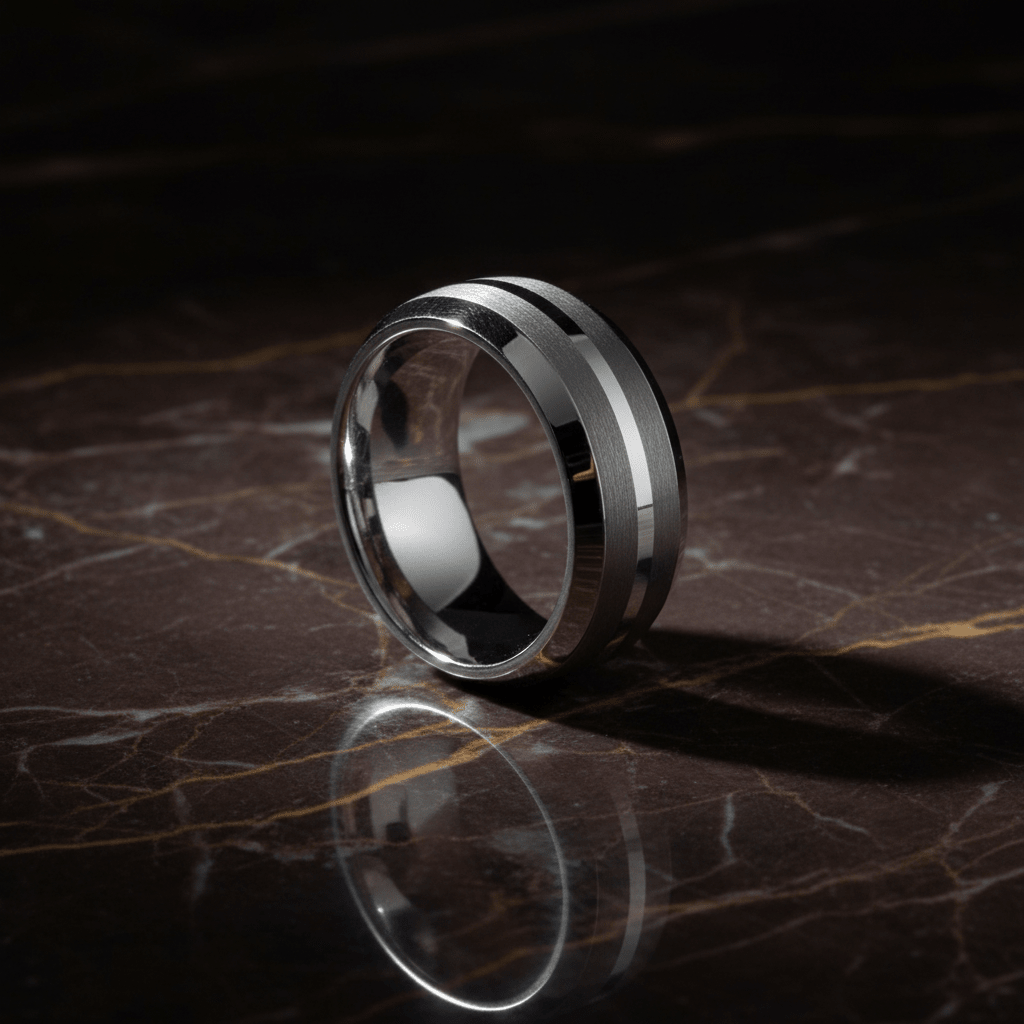 CENTURION — Luxury 3/4 angle on dark marble — men's tungsten wedding ring.