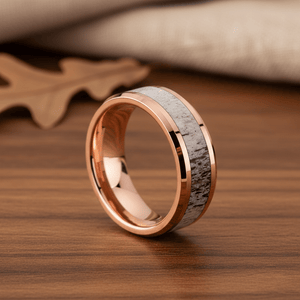 Deer Antler inlay 14k yellow gold wedding band 8mm, side profile