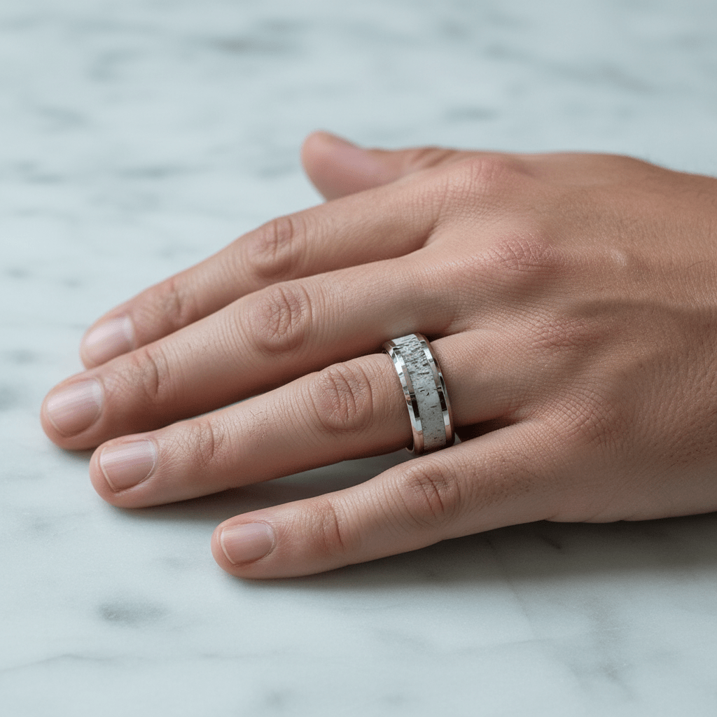 Deer Antler inlay 14k yellow gold wedding band 8mm, on the hand