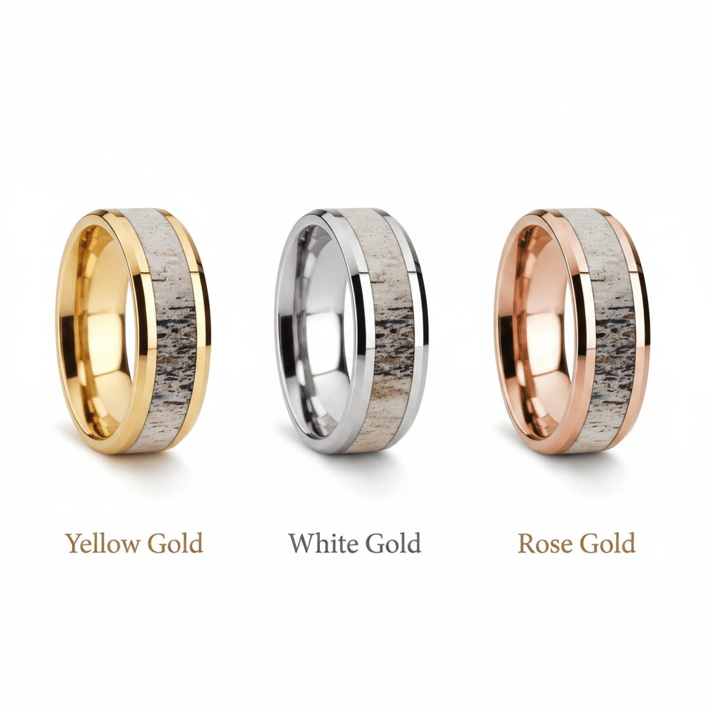 Deer Antler inlay 14k yellow gold wedding band 8mm, top view