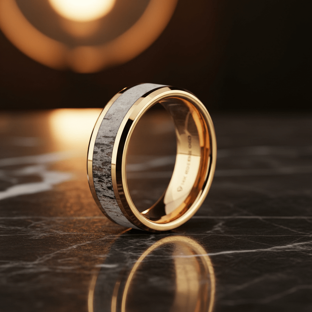 Deer Antler inlay 14k yellow gold wedding band 8mm, additional view 6