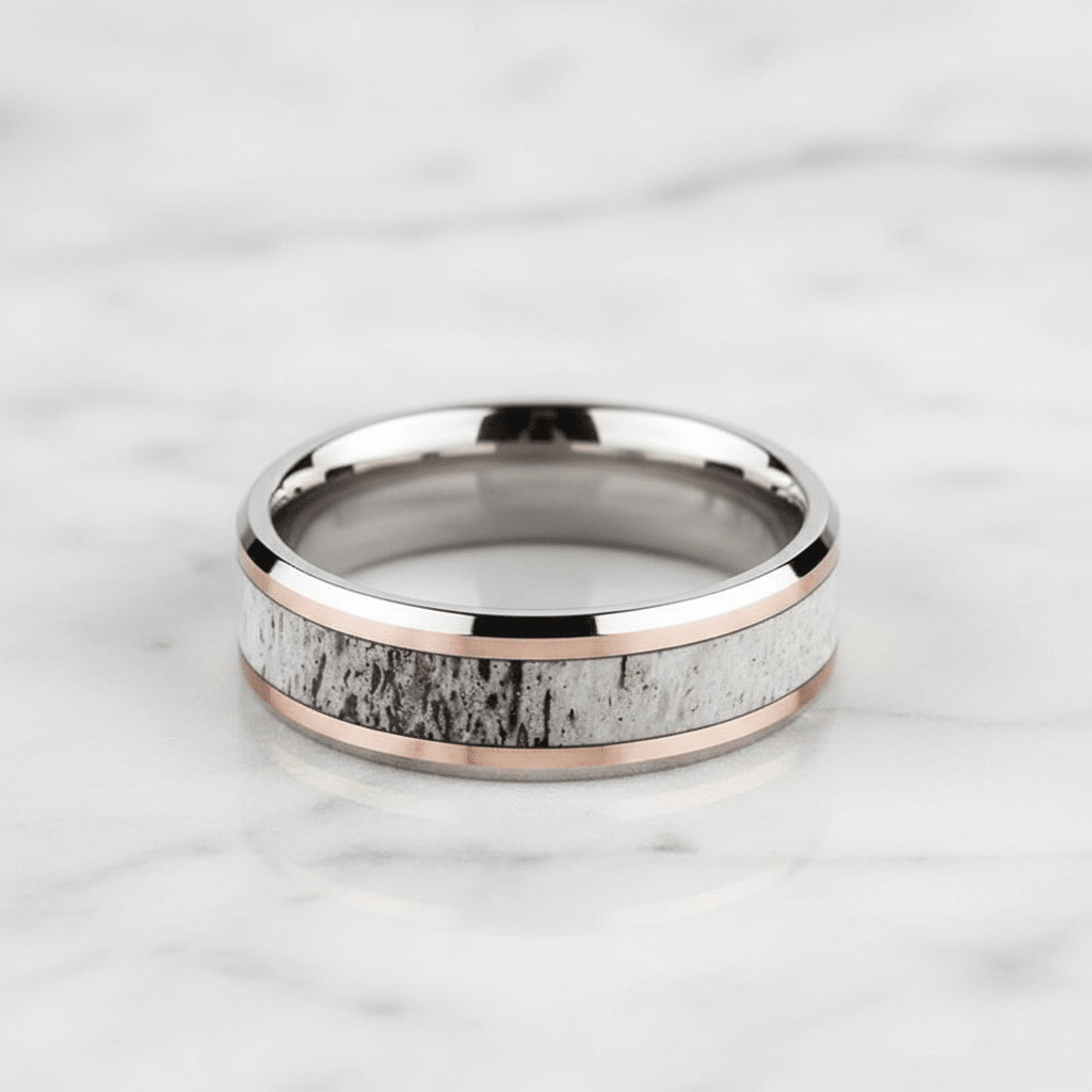 Deer Antler inlay 14k yellow gold wedding band 8mm, close-up of inlay