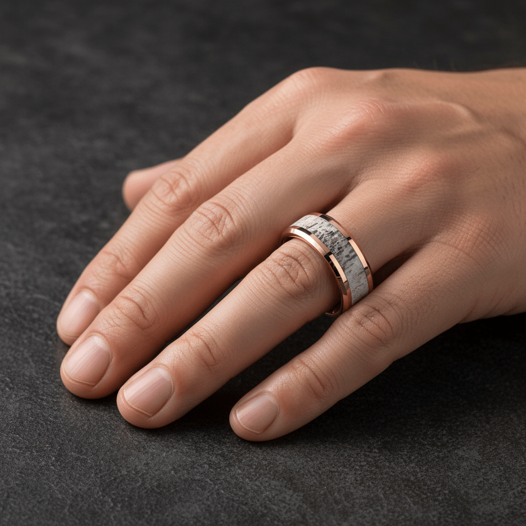 Deer Antler inlay 14k yellow gold wedding band 8mm, angled view