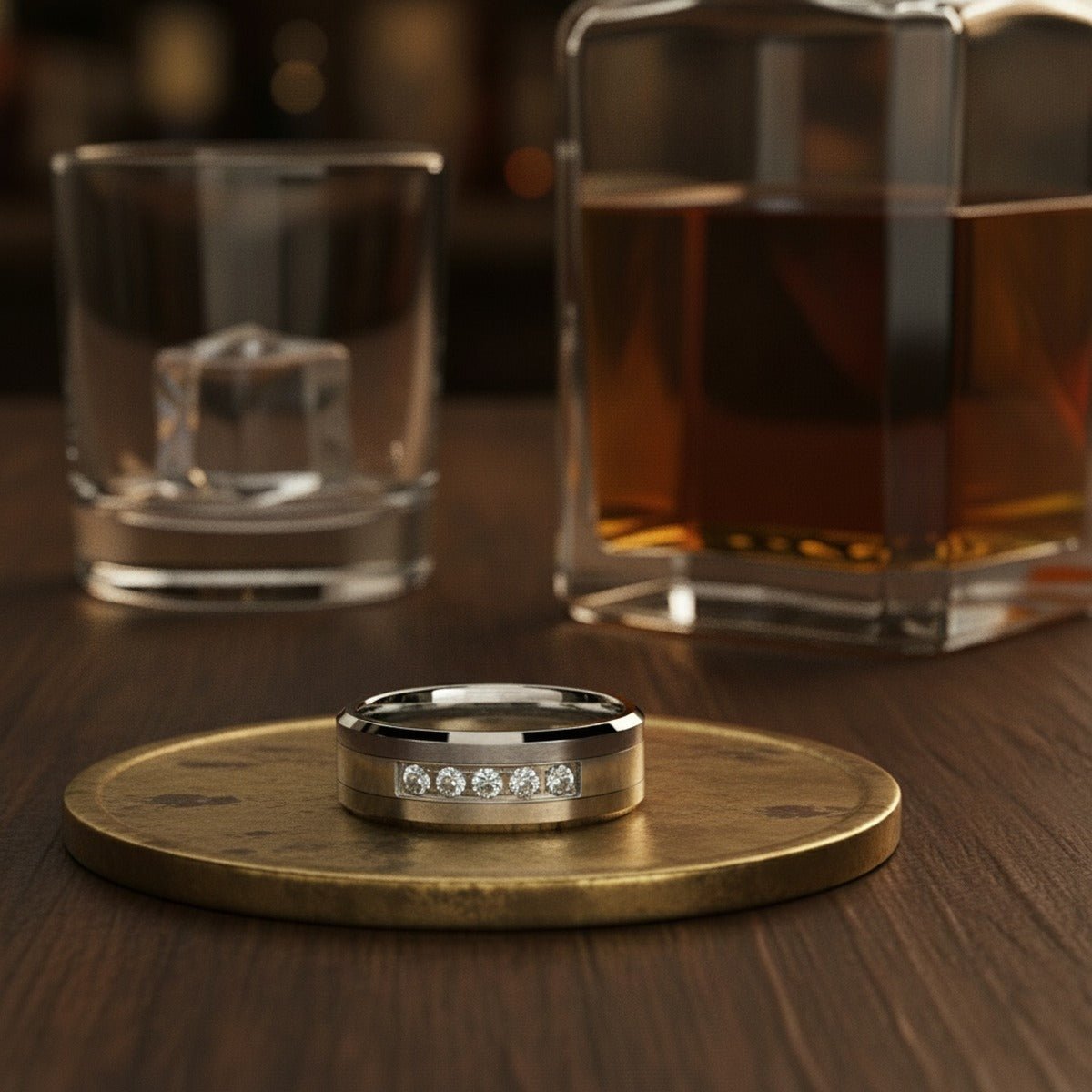 Aydins CETUS | Silver Tungsten Ring, 7 White CZ Diamonds, Beveled lifestyle scene, whiskey decanter bar