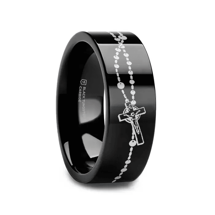 CHAPLET black tungsten ring with rosary beads and crosses laser-engraved around the band – Aydins Jewelry