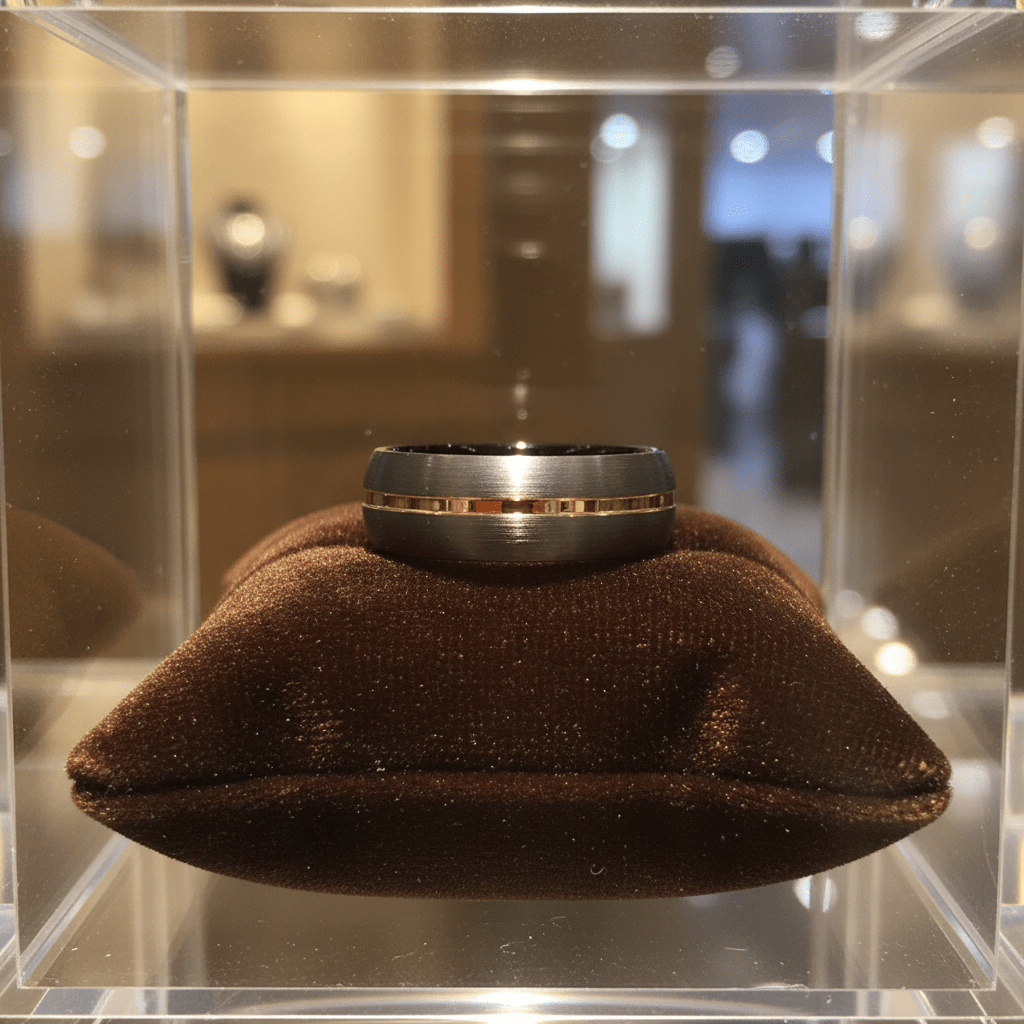 CHARGOLD — Premium boutique display on velvet — men's tungsten wedding ring.