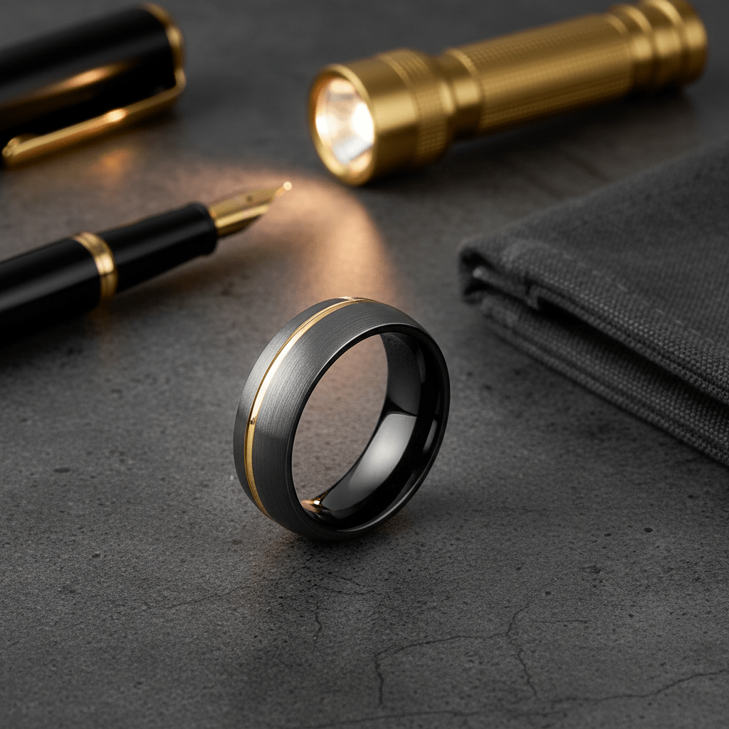 CHARGOLD — Editorial masculine still life — men's tungsten wedding ring.