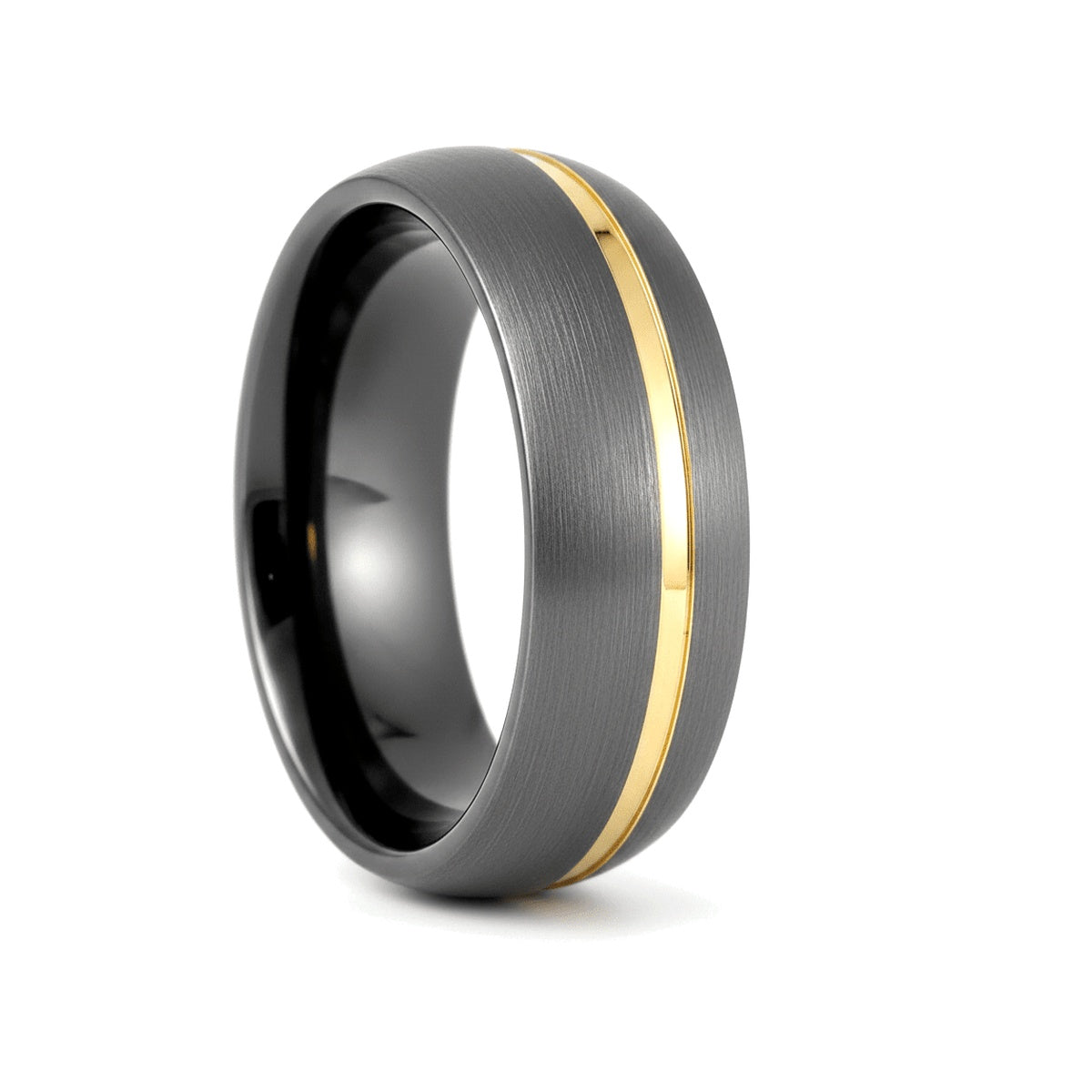 CHARGOLD gunmetal tungsten wedding ring with brushed finish and offset gold groove - front view