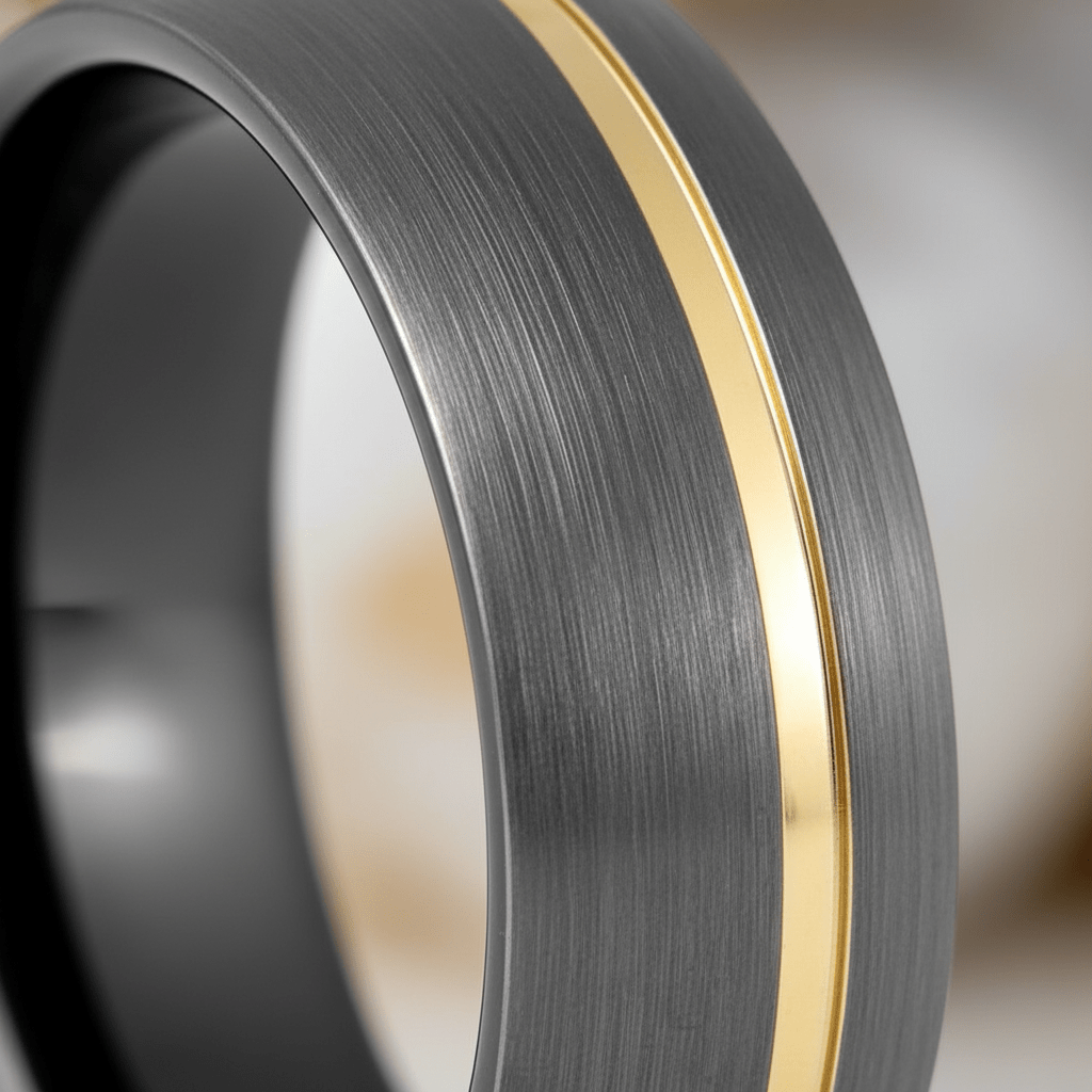 CHARGOLD — Extreme macro detail — men's tungsten wedding ring.