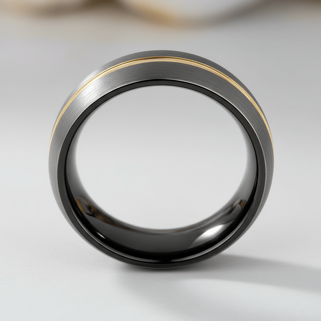 CHARGOLD — Center-through axial view — men's tungsten wedding ring.