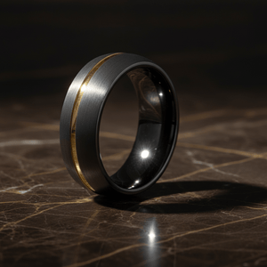 CHARGOLD — Luxury 3/4 angle on dark marble — men's tungsten wedding ring.