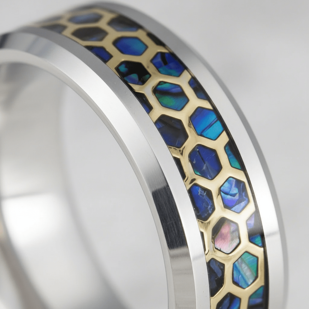CHAZY — Extreme macro detail — men's tungsten wedding ring.