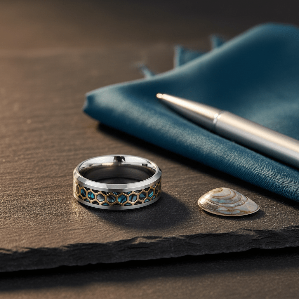 CHAZY — Editorial masculine still life — men's tungsten wedding ring.