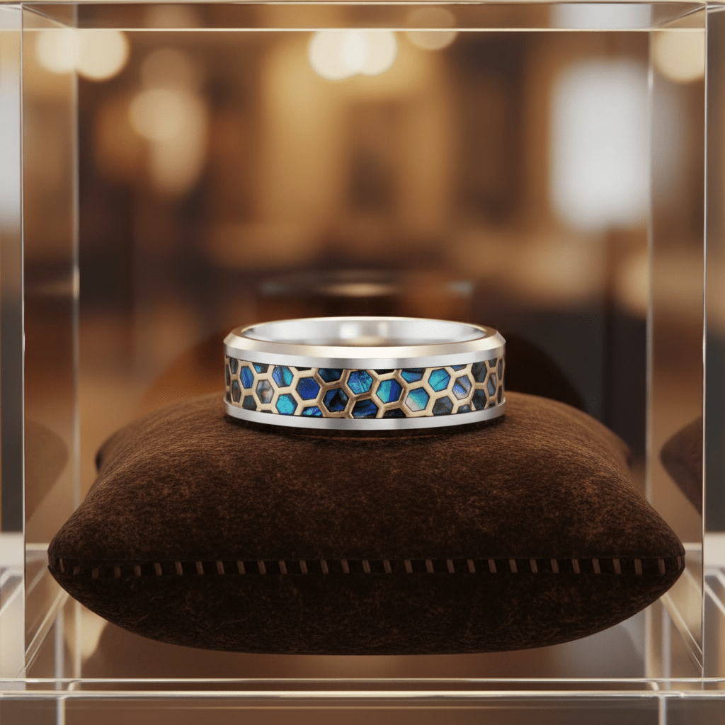 CHAZY — Premium boutique display on velvet — men's tungsten wedding ring.